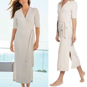 Barefoot Dreams CozyChic Ultra Lite Midi Wrap Dress color Sand Cream, Size M